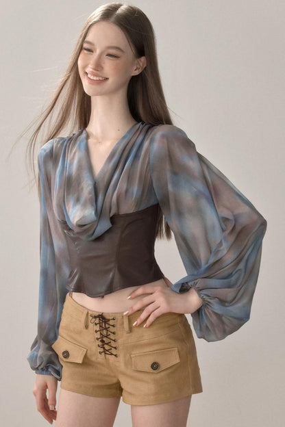 Waist-Cinching Printed Chiffon Shirt