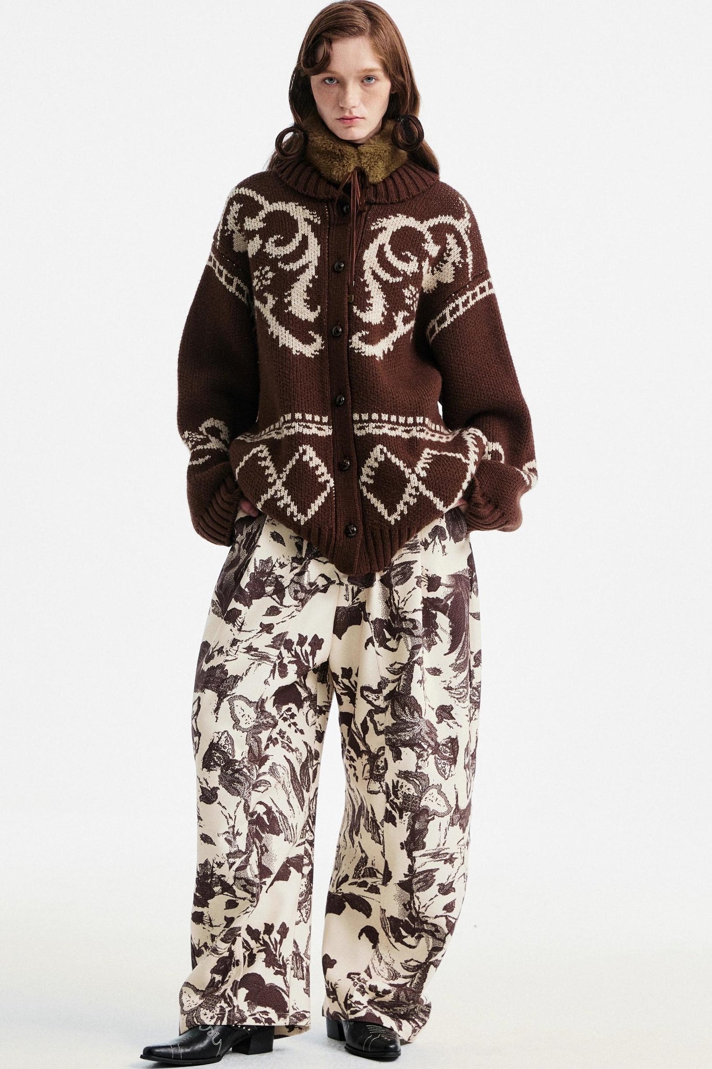 Beige Floral Scimitar Pants