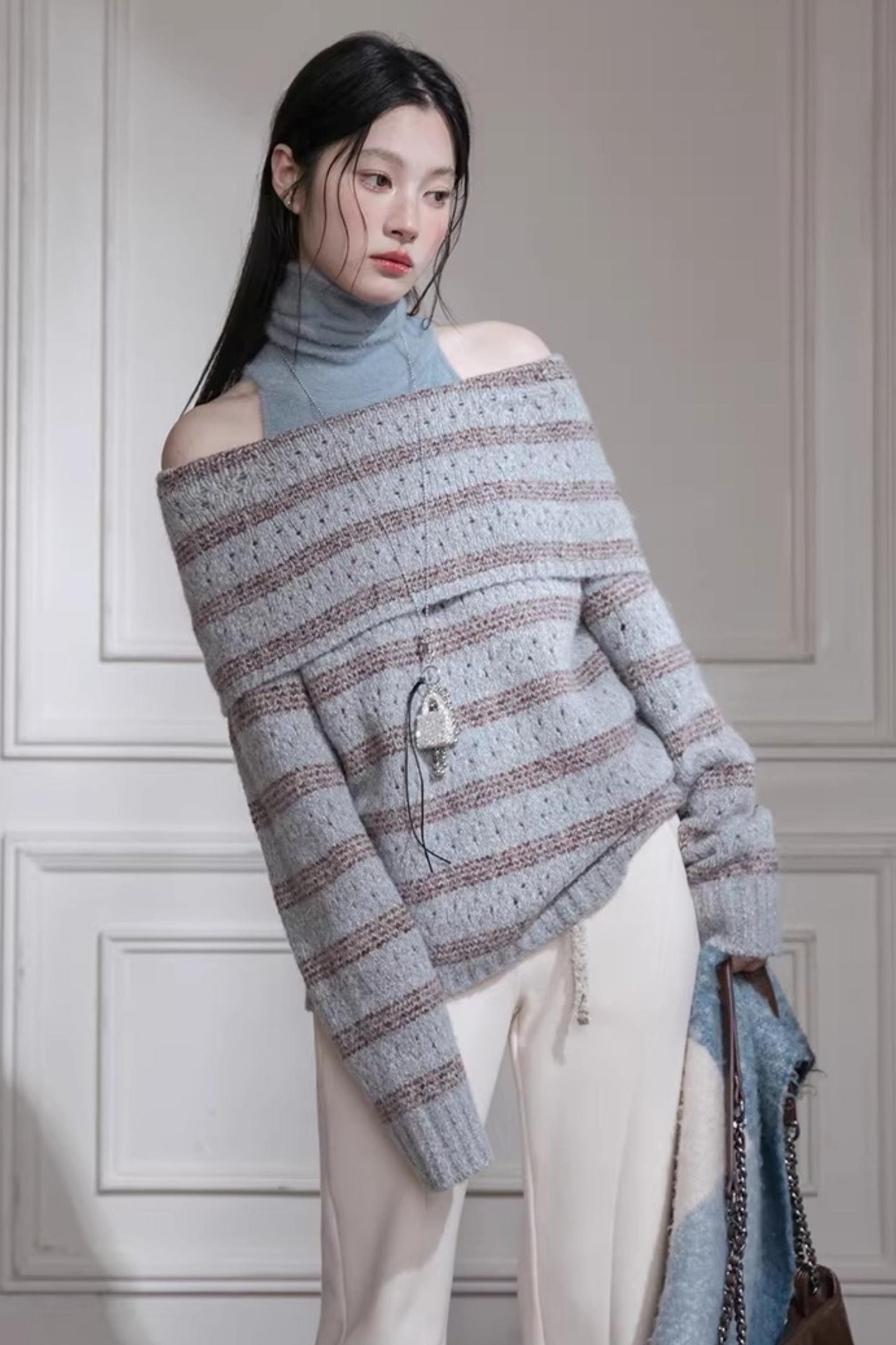 Off-Shoulder Striped Knit Vest Set