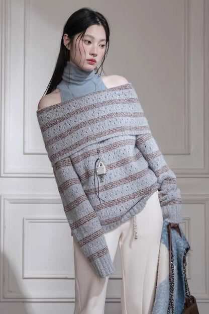 Off-Shoulder Striped Knit Vest Set