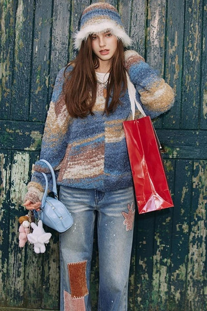 Blue Gradient Hooded Wool Cardigan