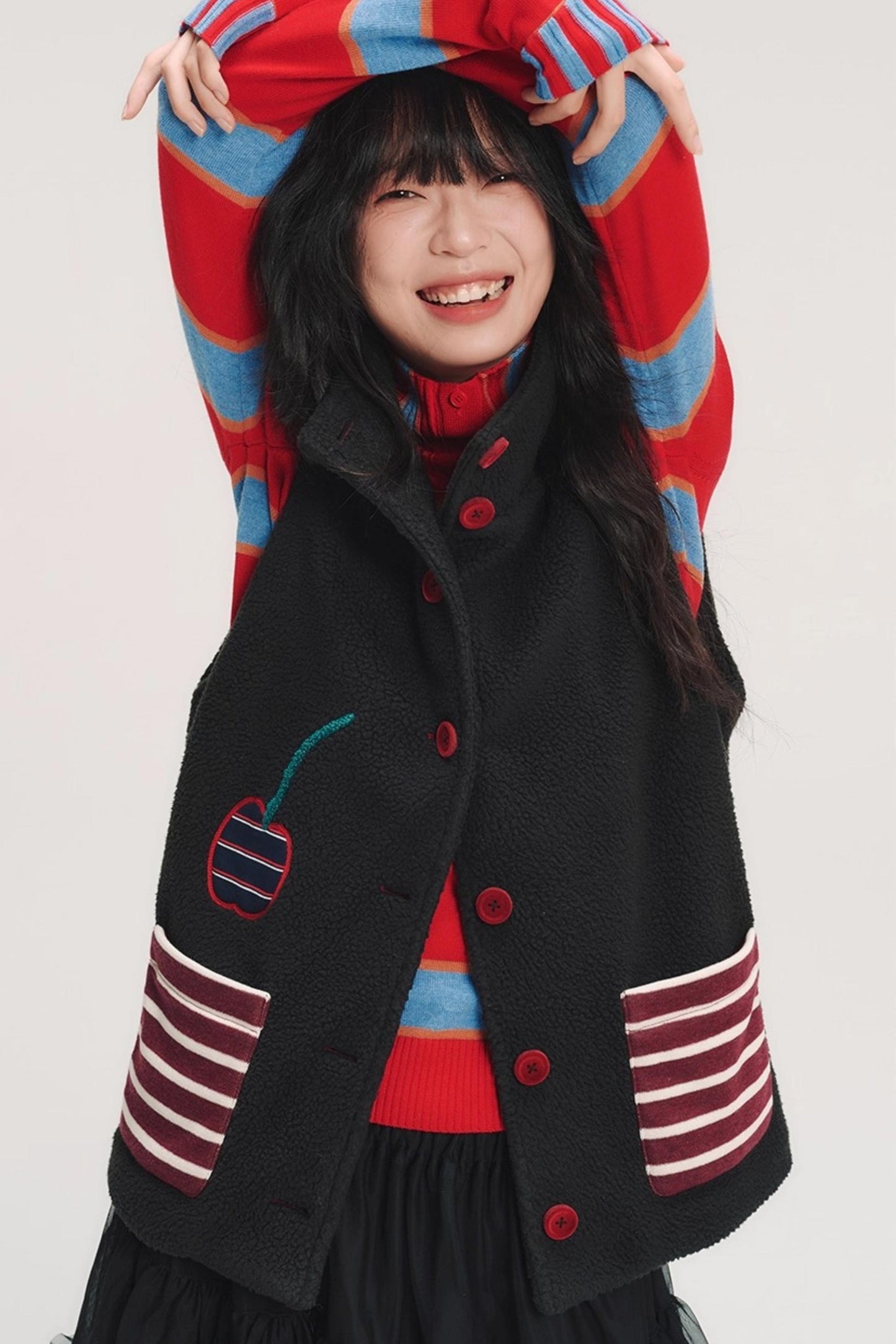 Hand-Painted Cherry Applique Vest Jacket