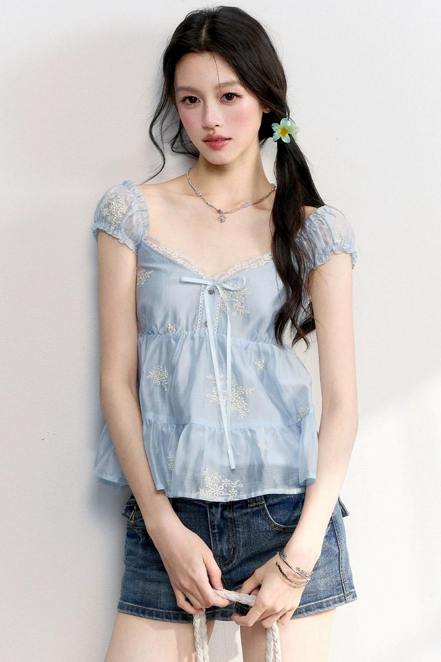 French Lace Puff Sleeve Blouse