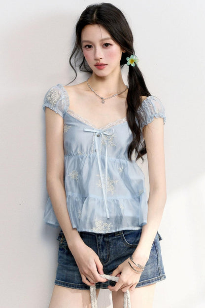 French Lace Puff Sleeve Blouse