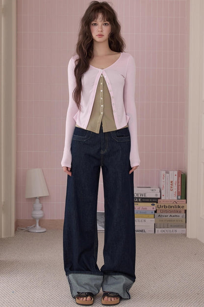 Retro Fashionable Sweet Cuffed Wide-leg Jeans