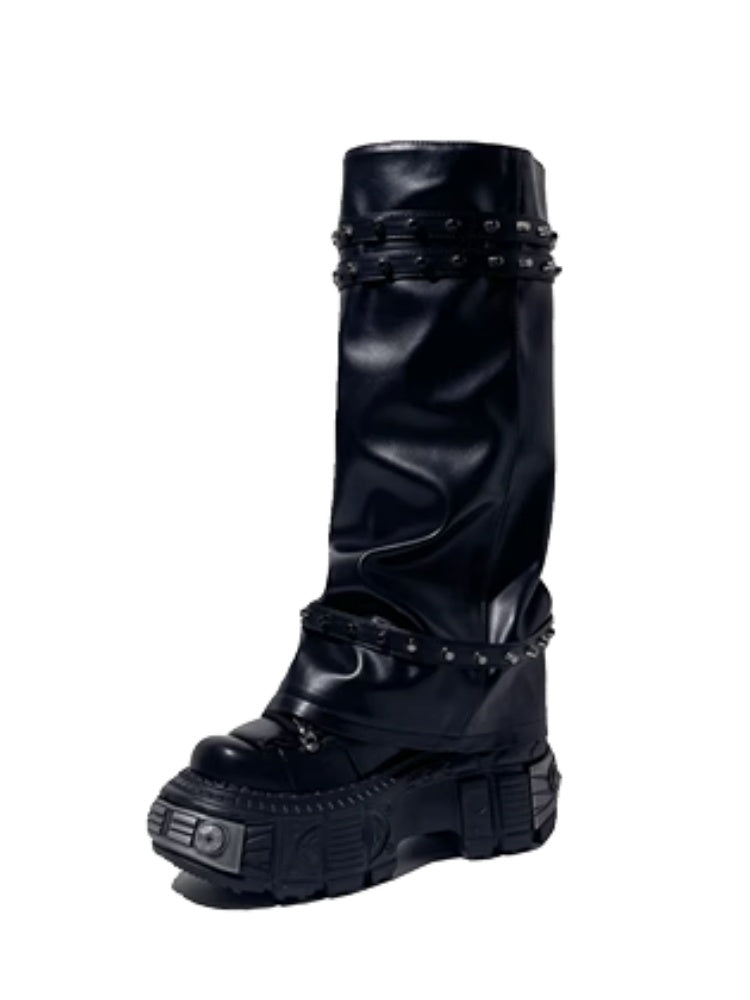 Y2K Retro Punk Style Eyelet Triple Belt Volume Sole Long Tube Boots