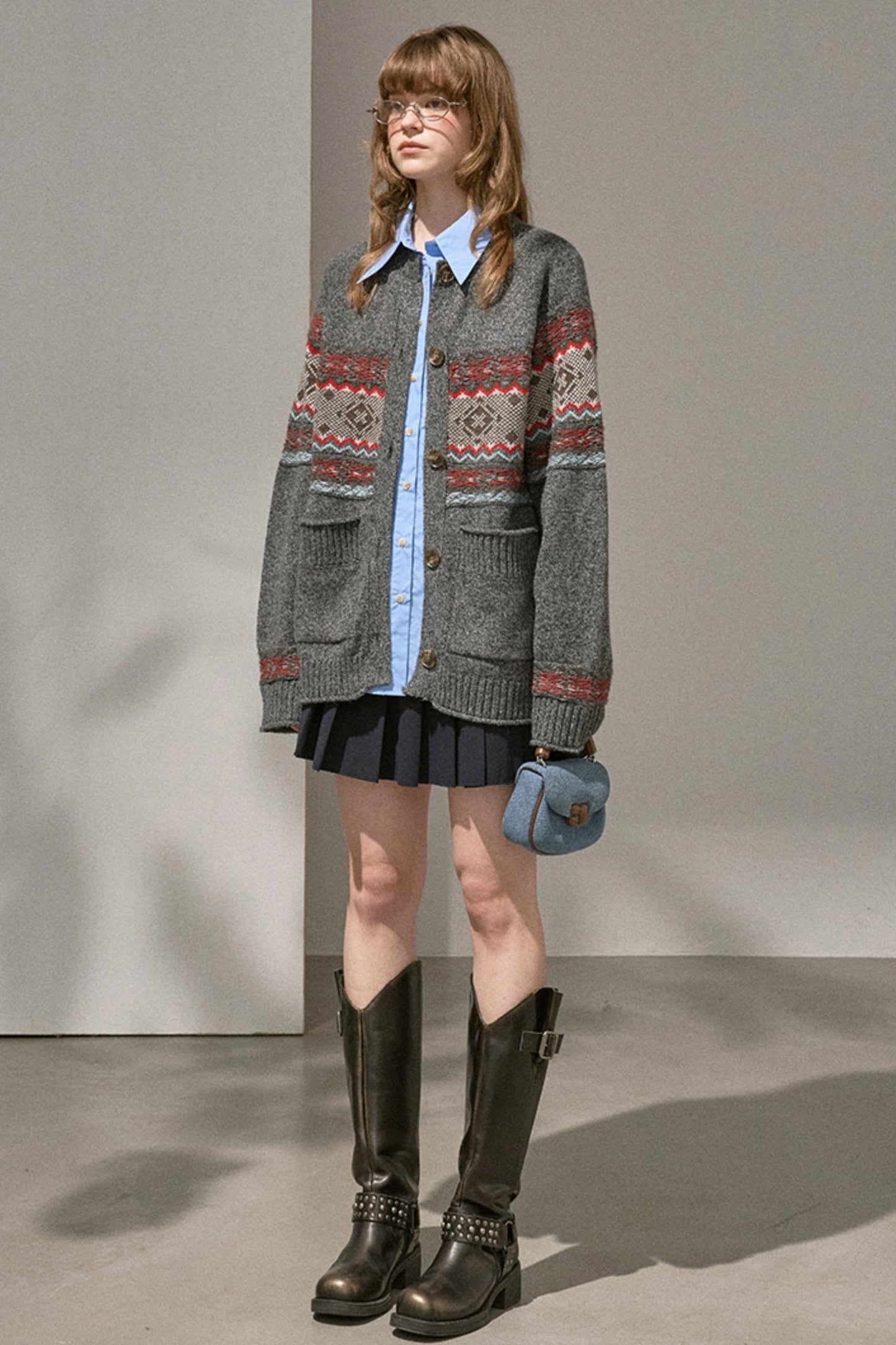 Fair Isle Knitted Gray Cardigan