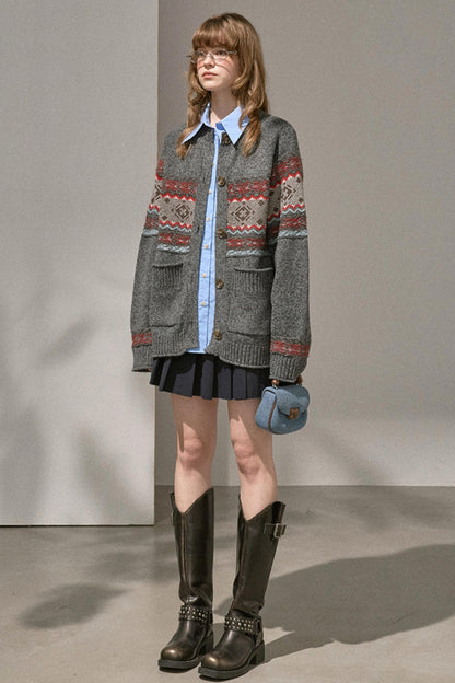 Fair Isle Knitted Gray Cardigan