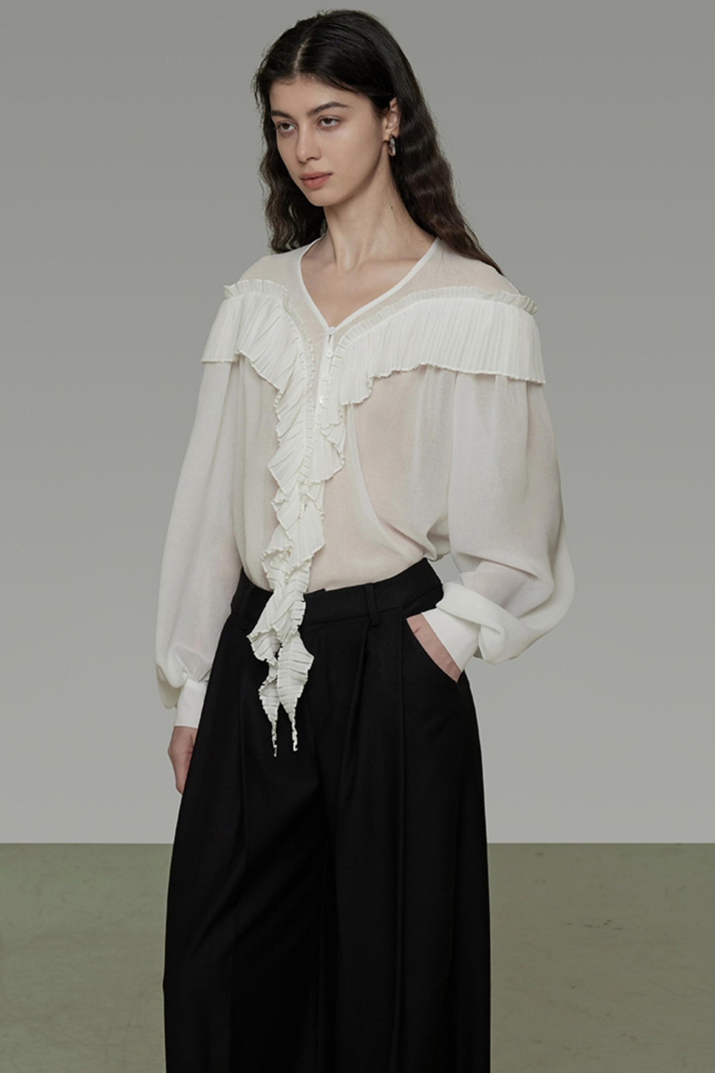 Sheer V-Neck Flutter Shirt