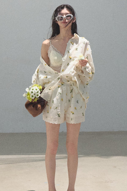 Zero Flowers Cotton Embroidered Casual Shirt Shorts Set-Up