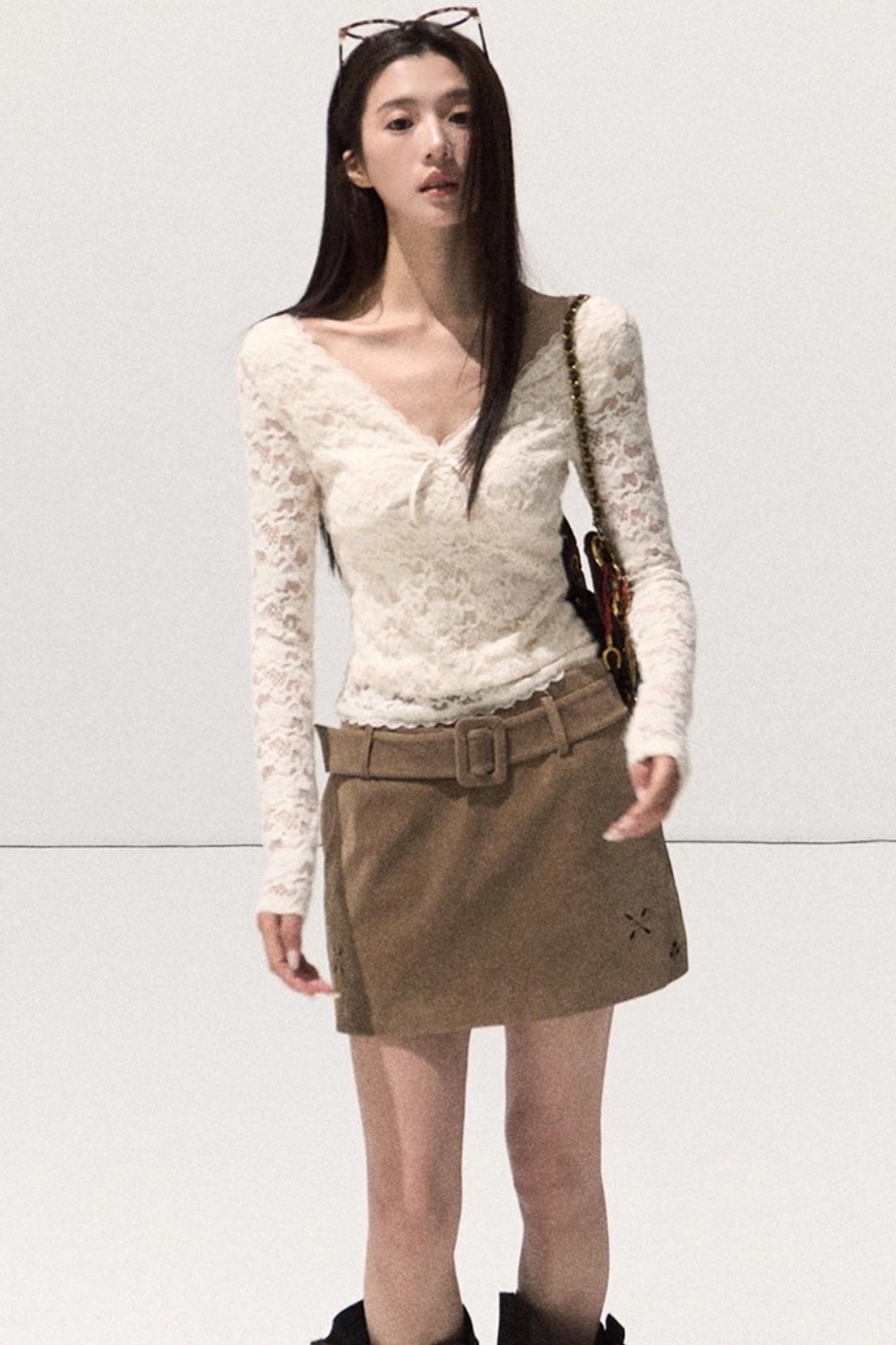 V-Neck Lace Knit Sweater