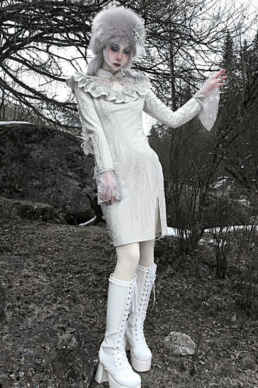 White Gothic Lace Slit Dress