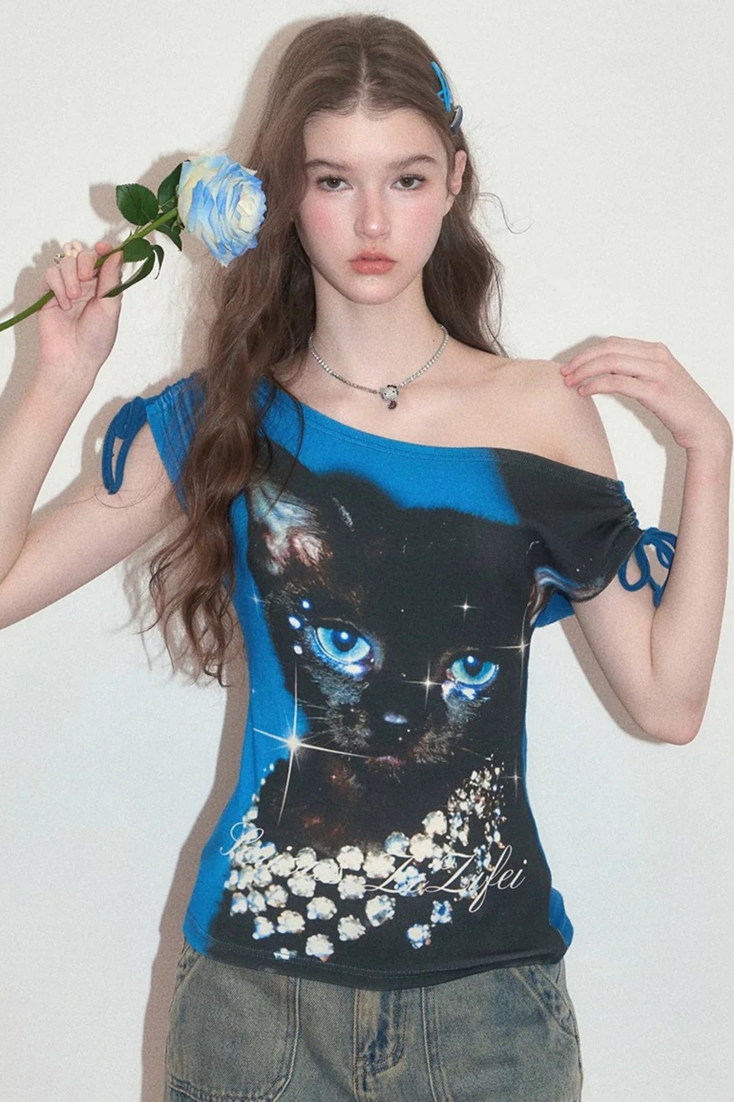 Blue Cat Print Short-Sleeved T-Shirt