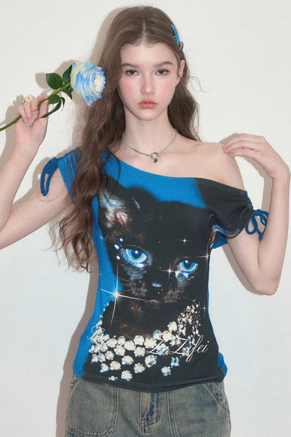 Blue Cat Print Short-Sleeved T-Shirt