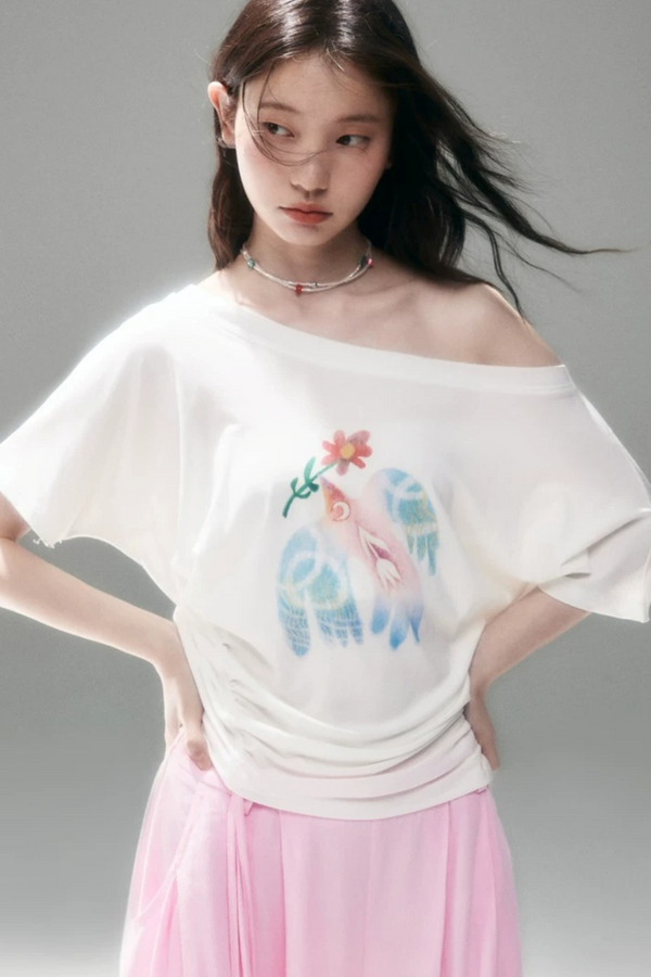 Mint Bird Print Off-Shoulder Ruched Top