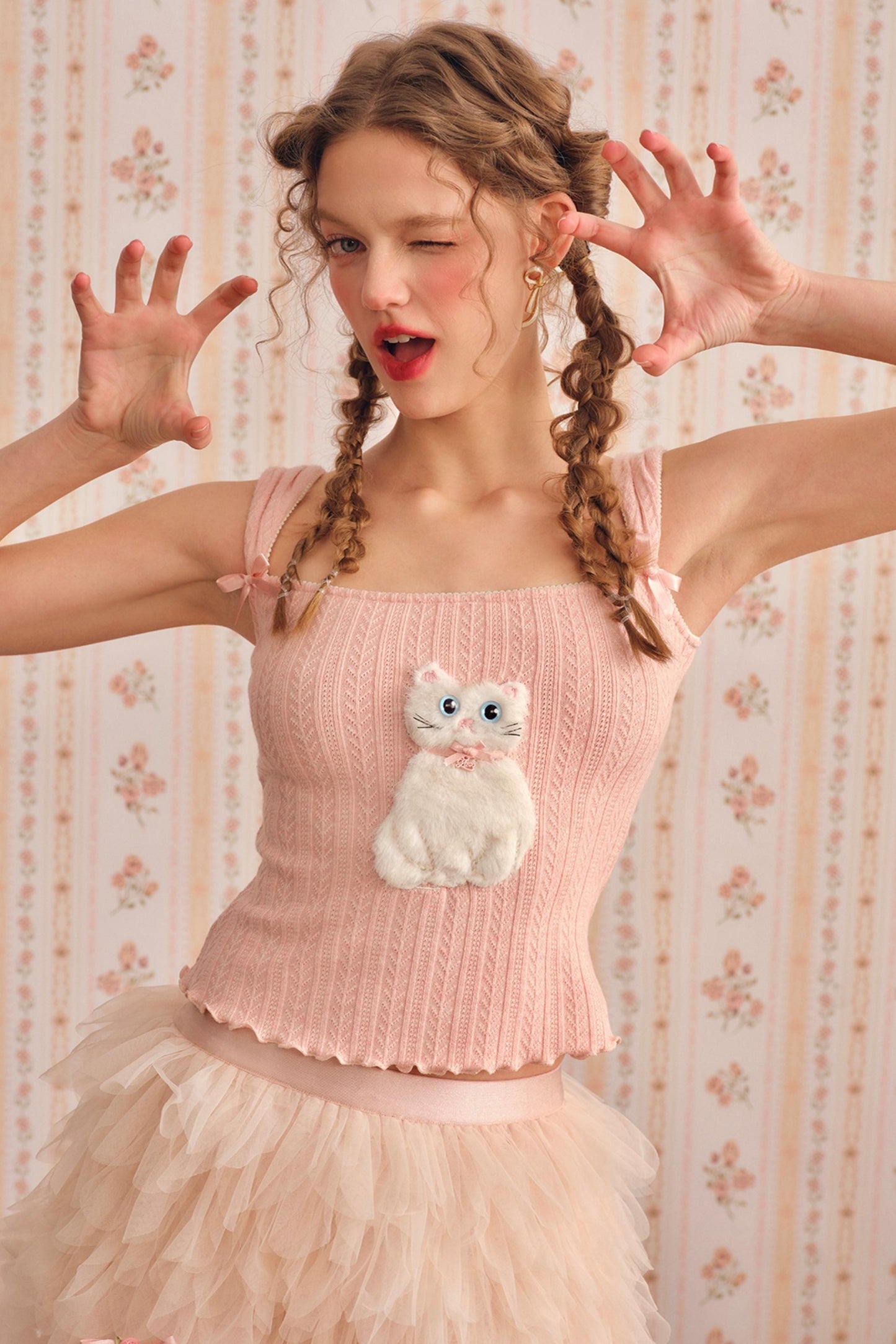 Pink Cat Knit Camisole Set-Up