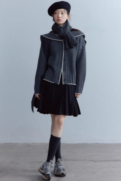 Navy Collar Twisted Rope Woolen Cardigan