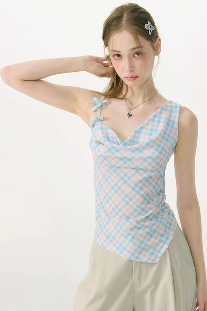 Sweetness Blue Plaid Bowknot Tank