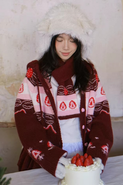 Fair Isle Strickjacke mit Erdbeermuster
