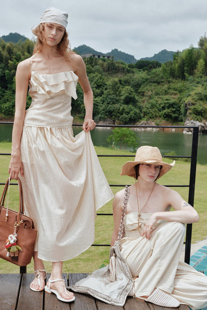 Eternal River Linen Bandeau Top & Wide-Leg Trousers Set-Up