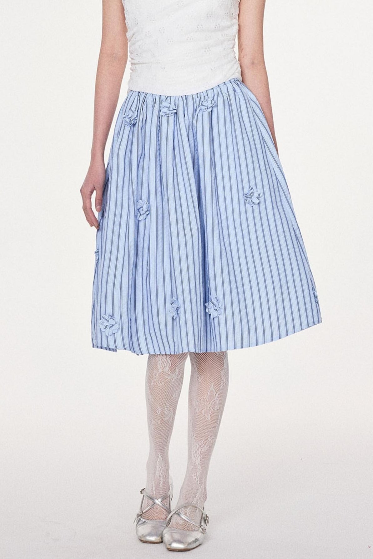 Blue Striped Flower Silhouette Skirt