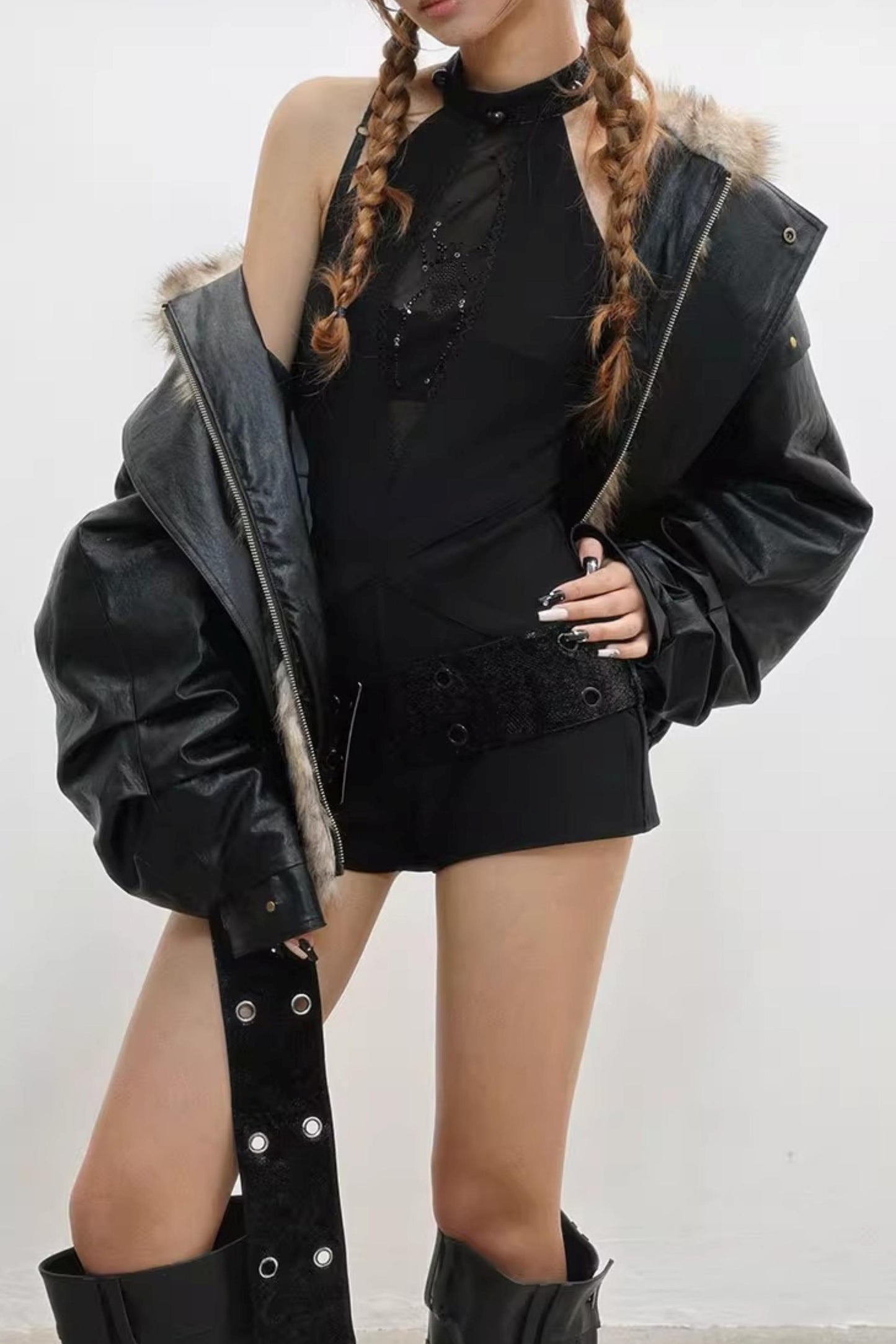 Invisible Fur Patchwork Leather Jacket