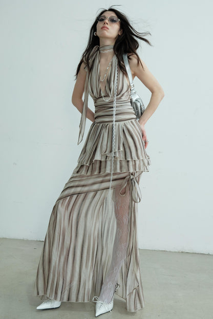 Pleated V-Neck Vest With Skirt Set