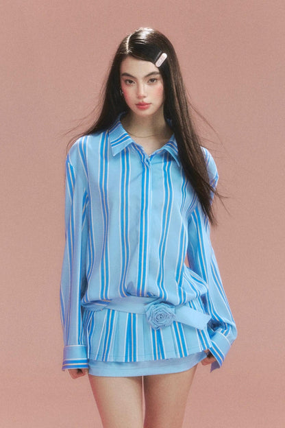 Retro Striped Shirt And Pleated Skirt Set-Up