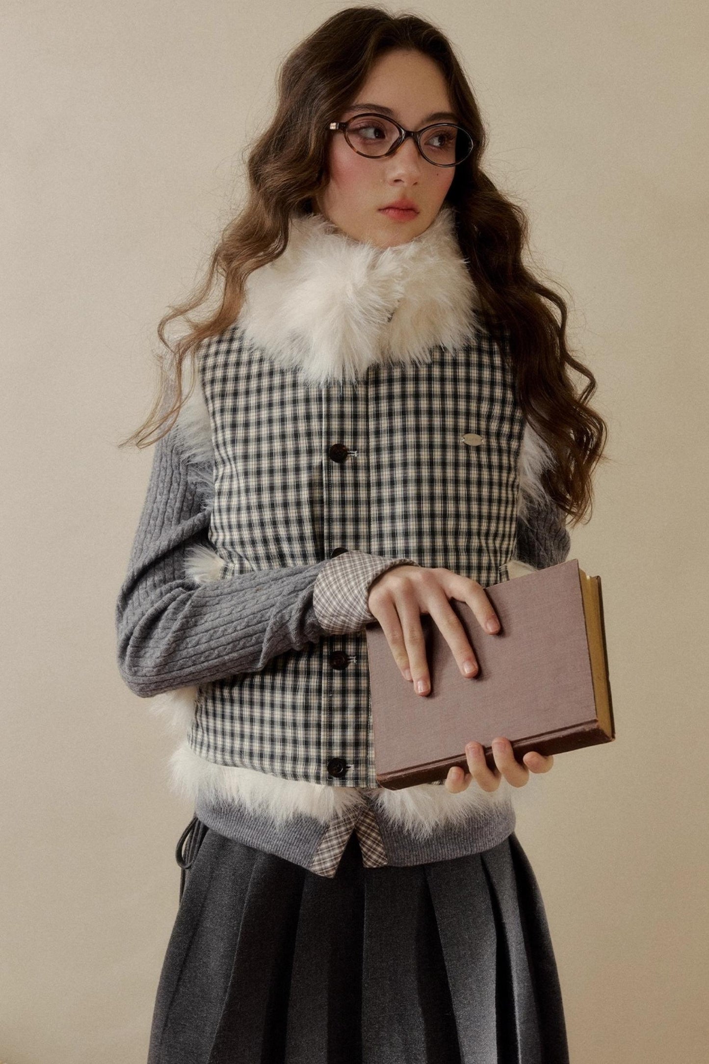 Polka Dot Plaid Fur Coat