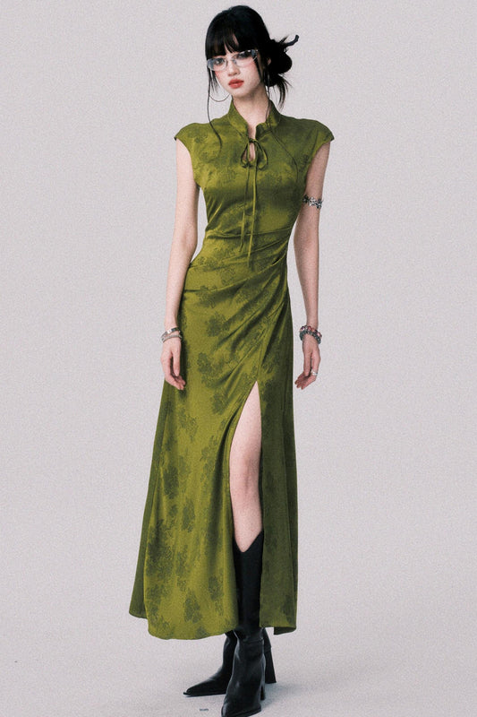Vintage Moss Green Jacquard Cheongsam Dress
