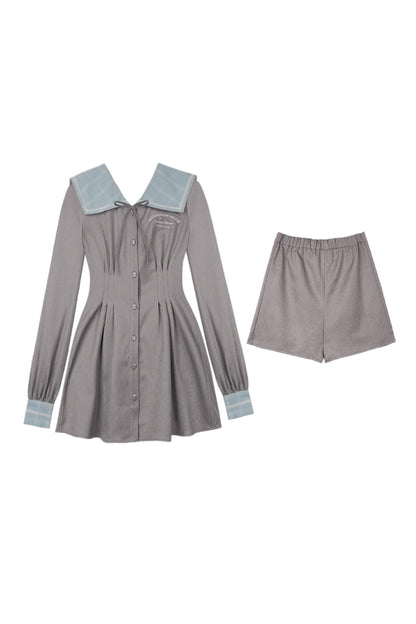 Grey Blue Sailor Collar Shorts Set