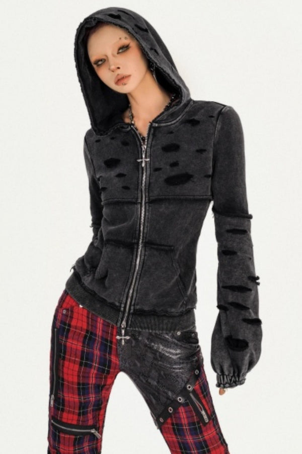 Washed Distressed Hooded Jacket