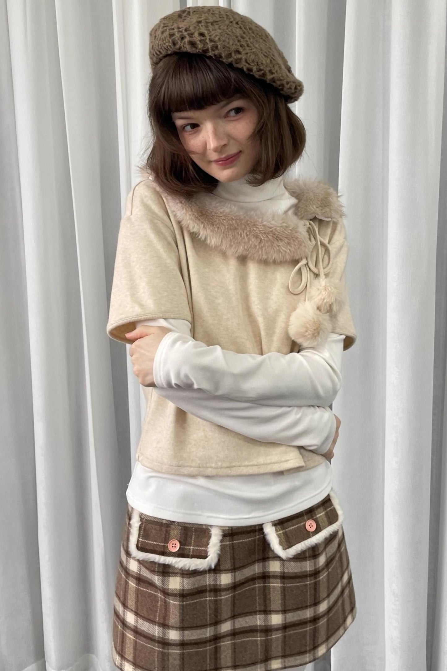 Beige Fur Collar Layered Top