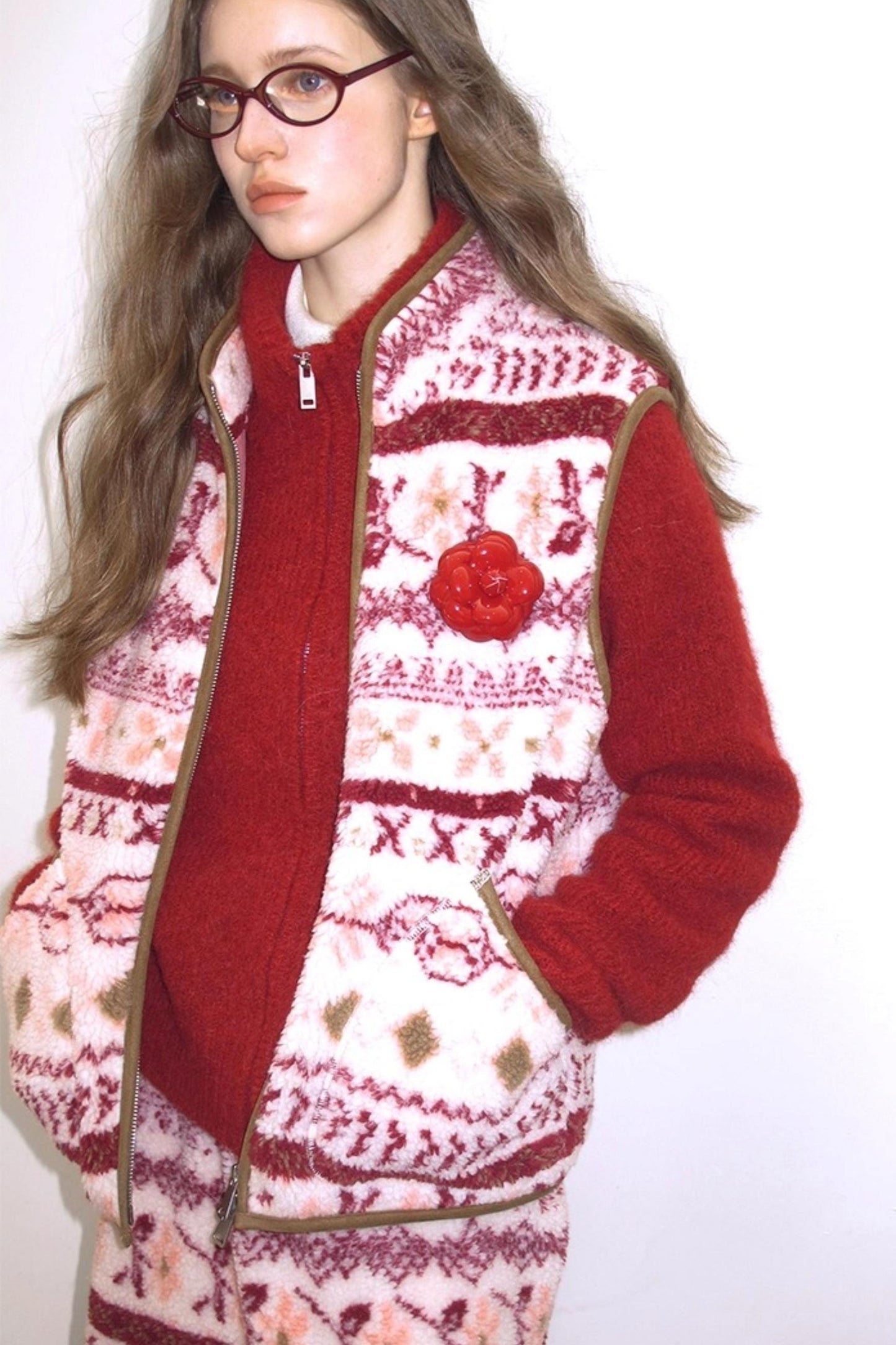 Berry Peach Retro Fleece Vest Jacket Skirt Set-Up