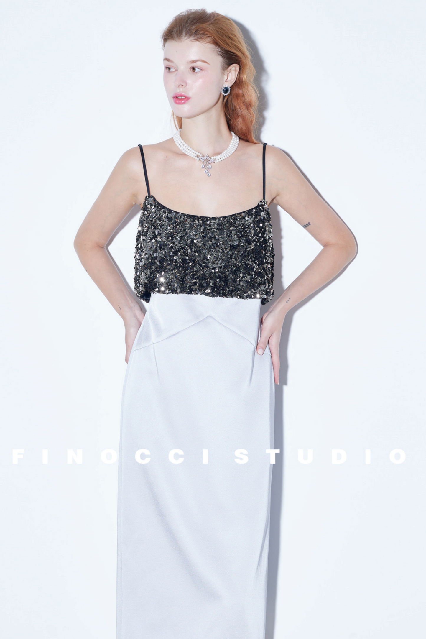 Sequin-Stitched Satin Dress