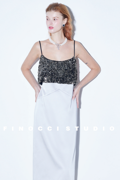 Sequin-Stitched Satin Dress