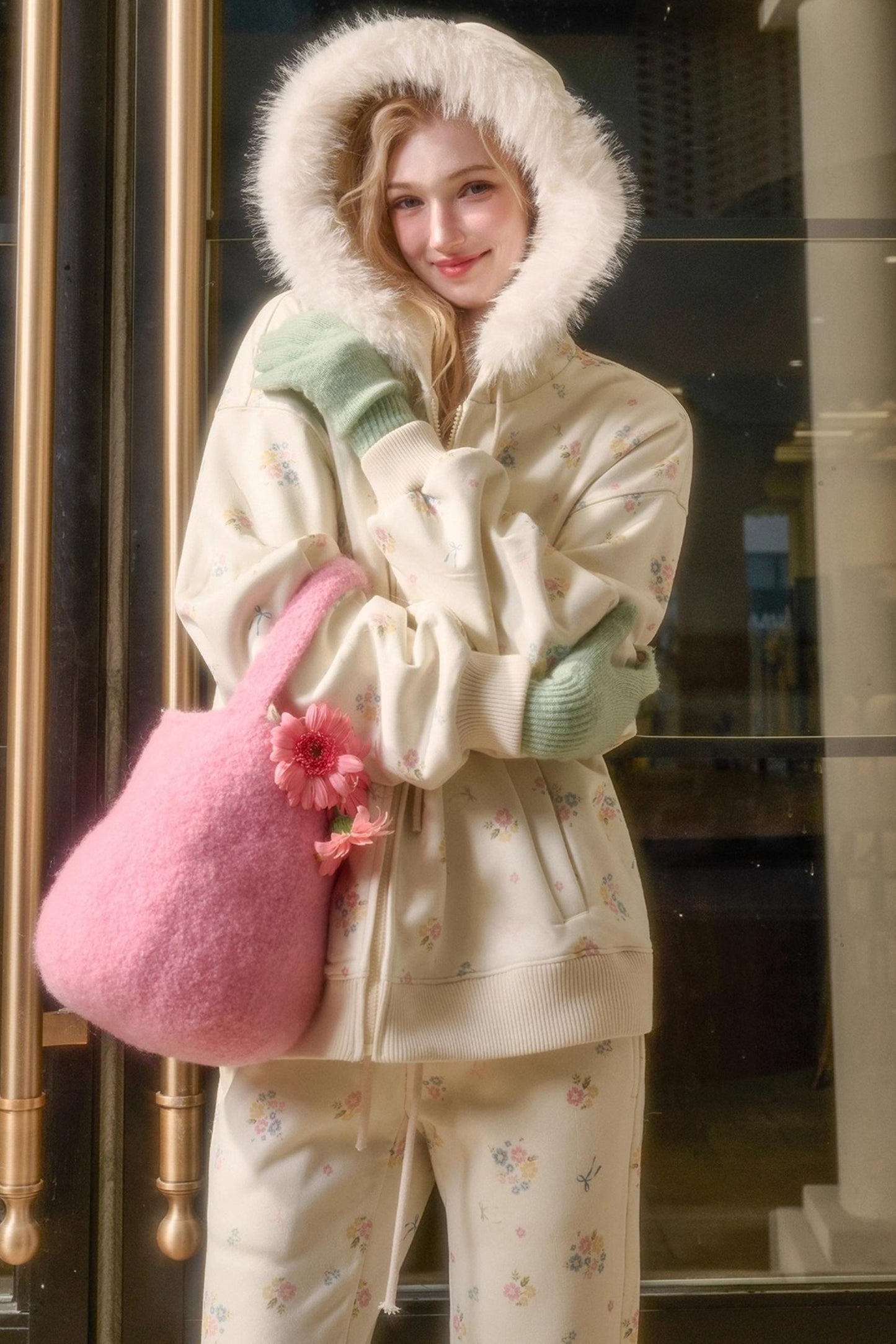 Floral Milky Way Fur Collar Jacket Set-Up