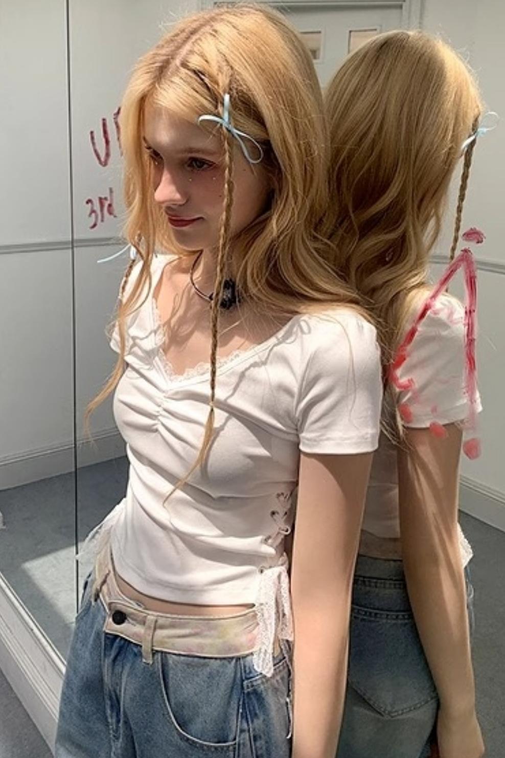 Elegant V-Neck Pleated T-Shirt