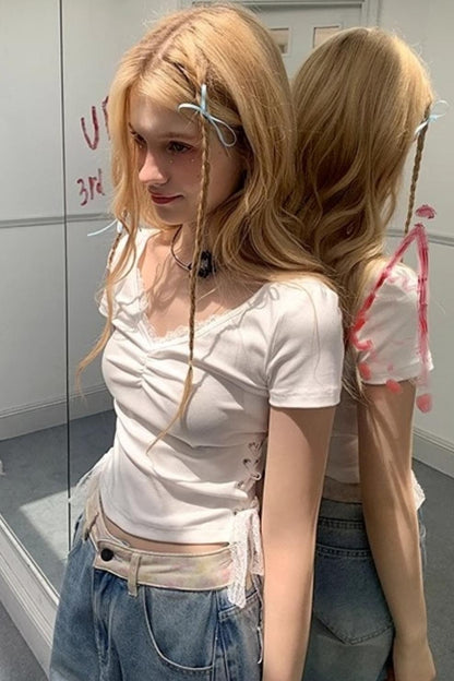 Elegant V-Neck Pleated T-Shirt