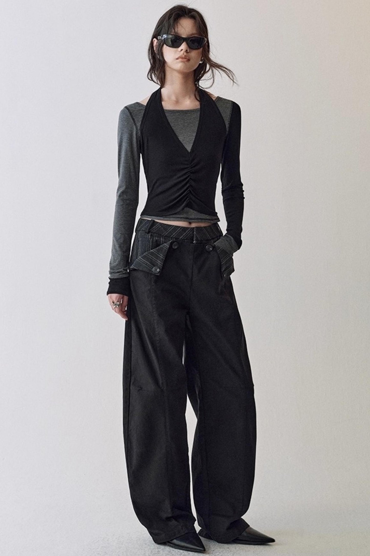 Striped Stitching Two-Piece Halterneck T-shirt