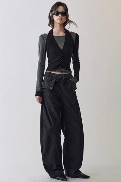 Striped Stitching Two-Piece Halterneck T-shirt