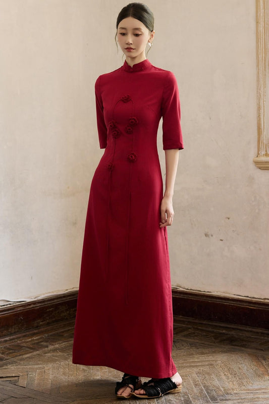 Red Flower Cheongsam Dress
