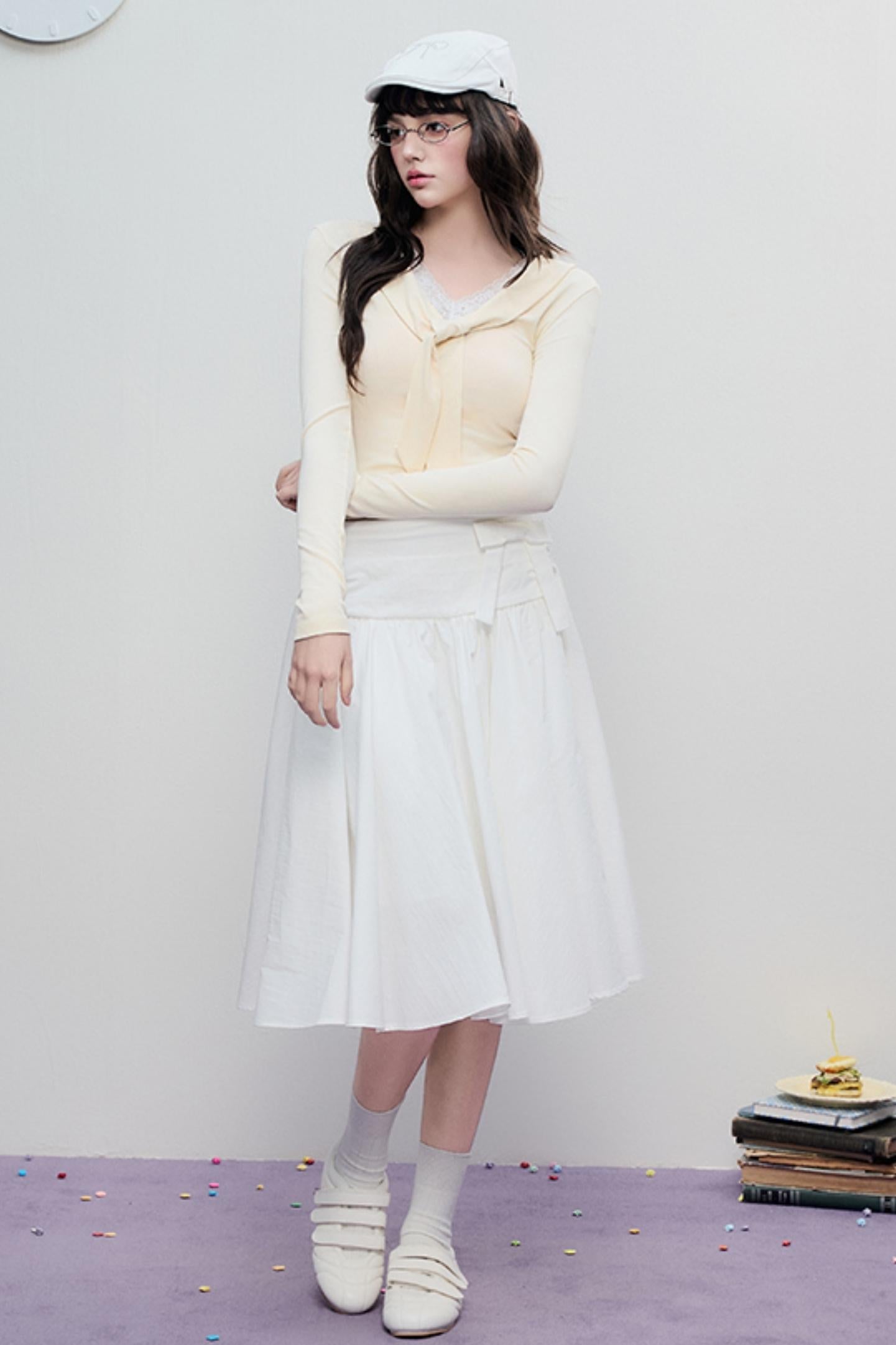 Korean Lace Trim Tie Neck Sweater