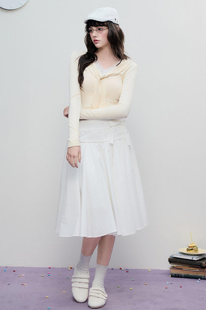 Korean Lace Trim Tie Neck Sweater