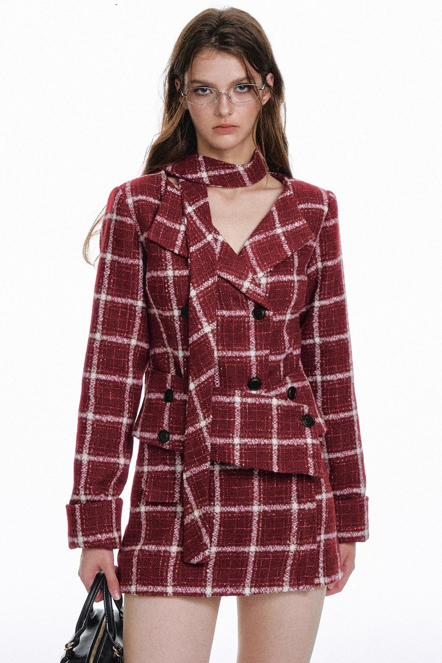 Retro Red Plaid Suit Skirt Set-Up