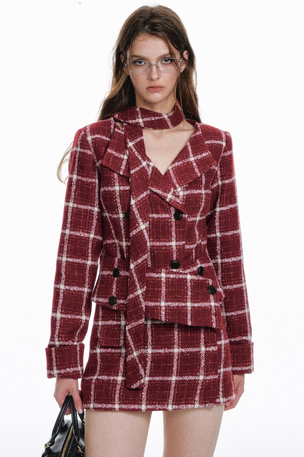 Retro Red Plaid Suit Skirt Set-Up