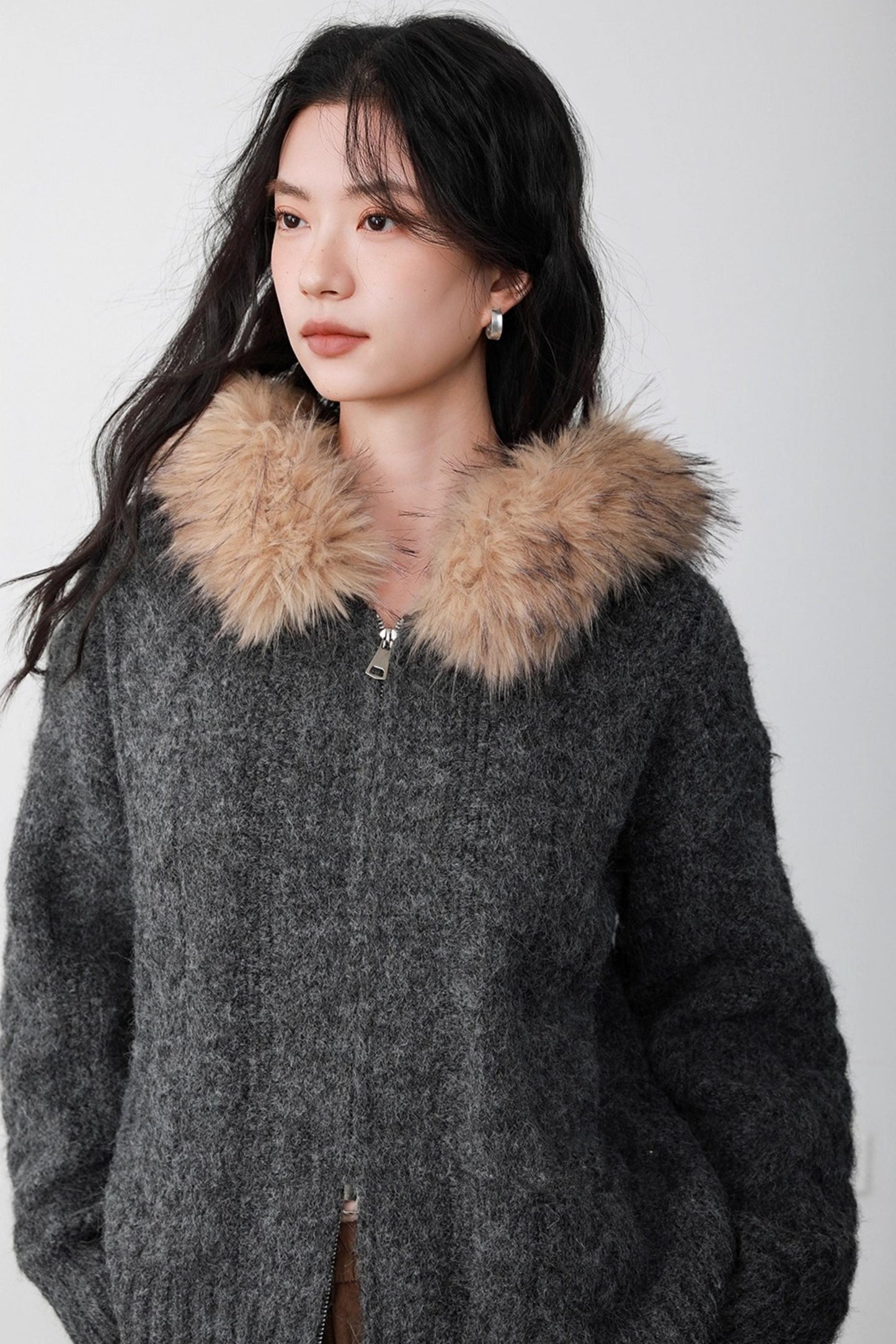 Fog Gray Fur Collar Hooded Jacket