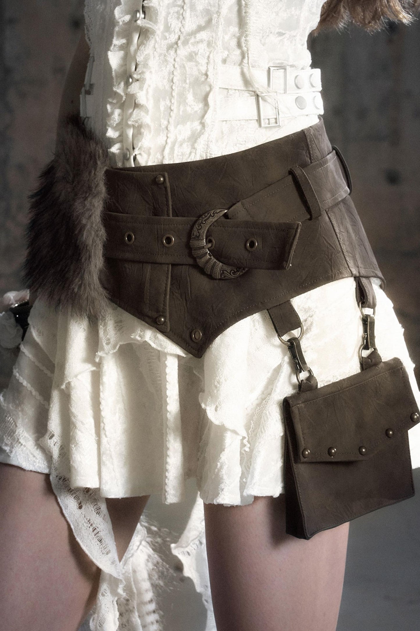 Leather Patchwork Fur Skirt  Belt