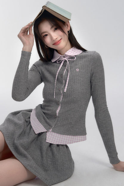 Pink-Gray Check Knit Top Set-Up