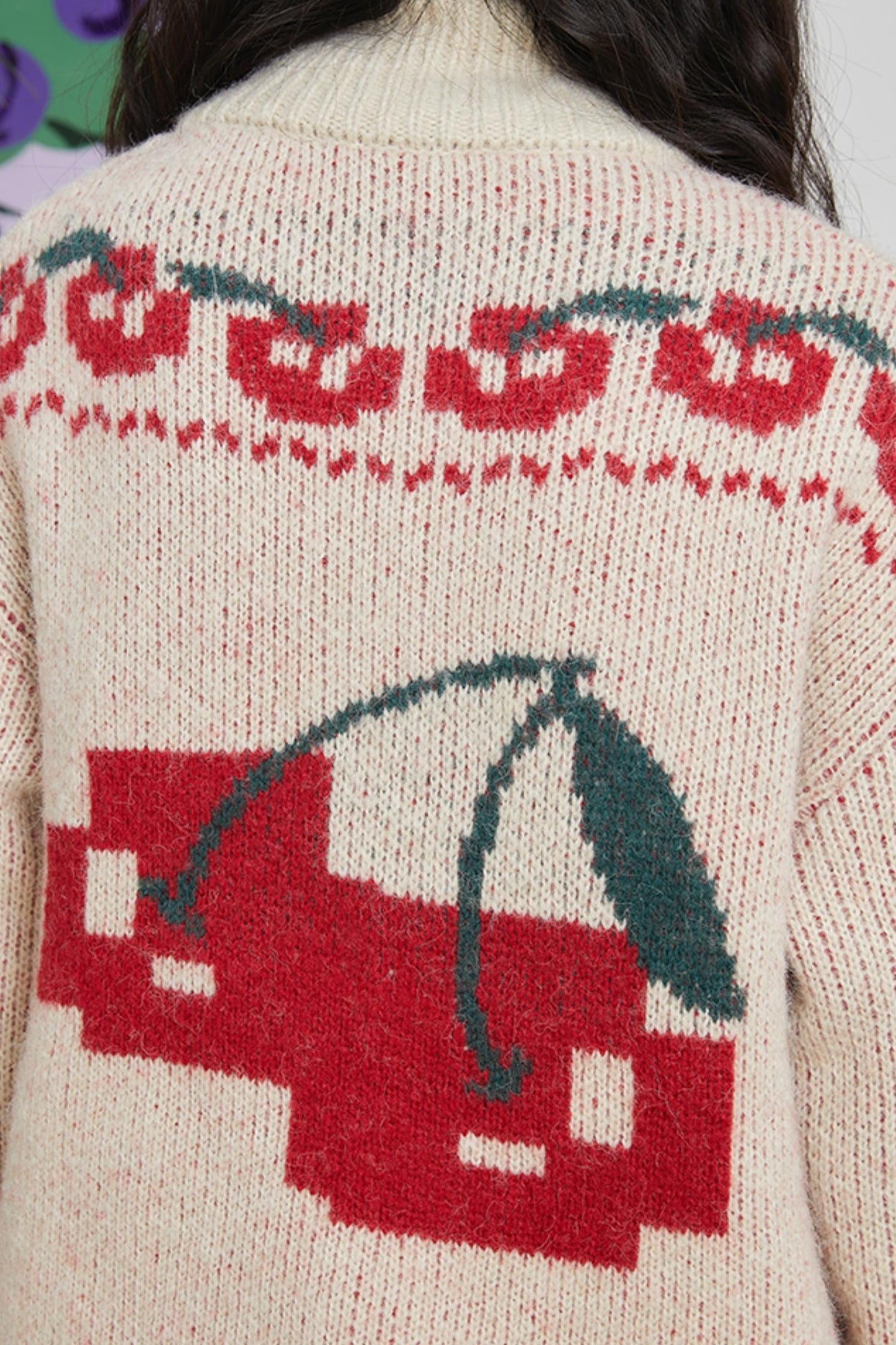 Retro Cherry Jacquard Wool Cardigan